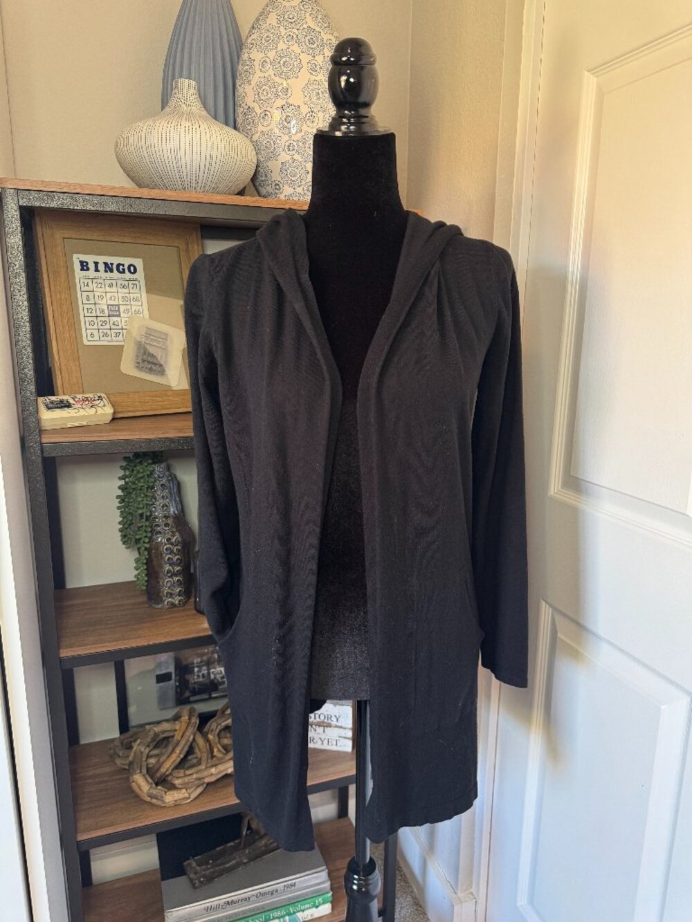 Cyrus Black Hooded Open Front Cardigan - Size L